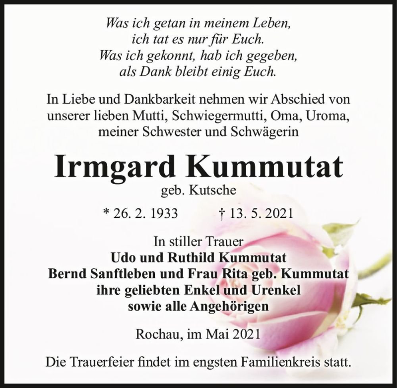  Traueranzeige für Irmgard Kummutat (geb. Kutsche)  vom 18.05.2021 aus Magdeburger Volksstimme