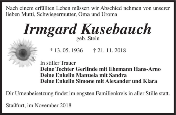Traueranzeige von Irmgard Kusebauch (geb. Stein)  von Magdeburger Volksstimme