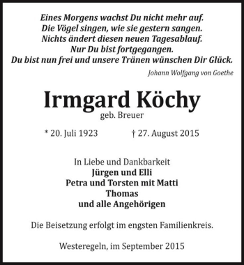 Traueranzeige von Irmgard Köchy (geb. Breuer)  von Magdeburger Volksstimme