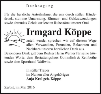 Traueranzeige von Irmgard Köppe  von Magdeburger Volksstimme