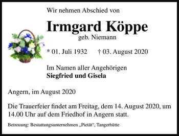 Traueranzeige von Irmgard Köppe (geb. Niemann)  von Magdeburger Volksstimme