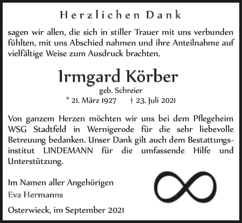  Traueranzeige für Irmgard Körber (geb. Schreier)  vom 11.09.2021 aus Magdeburger Volksstimme