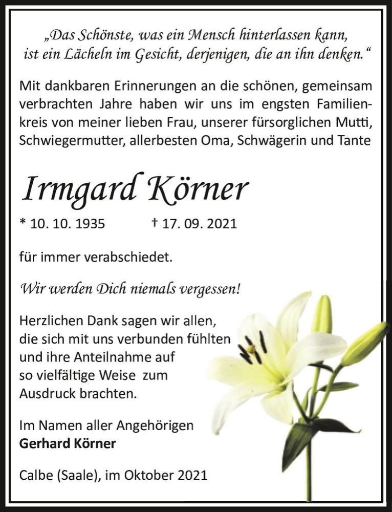  Traueranzeige für Irmgard Körner  vom 16.10.2021 aus Magdeburger Volksstimme