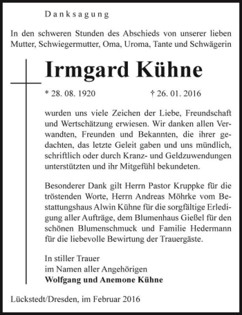 Traueranzeige von Irmgard Kühne  von Magdeburger Volksstimme