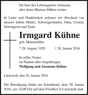 Traueranzeige von Irmgard Kühne (geb. Mummelthei)  von Magdeburger Volksstimme