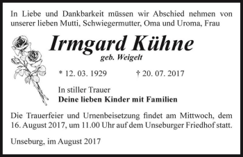 Traueranzeige von Irmgard Kühne (geb. Weigelt)  von Magdeburger Volksstimme
