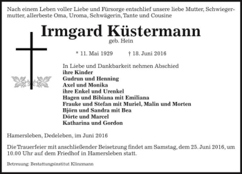 Traueranzeige von Irmgard Küstermann (geb. Hein)  von Magdeburger Volksstimme