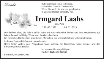 Traueranzeige von Irmgard Laahs ( geb. Plate)  von Magdeburger Volksstimme