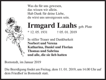 Traueranzeige von Irmgard Laahs ( geb. Plate)  von Magdeburger Volksstimme