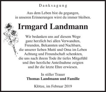 Traueranzeige von Irmgard Landmann  von Magdeburger Volksstimme