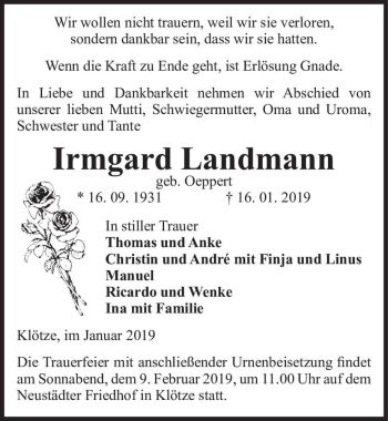 Traueranzeige von Irmgard Landmann (geb. Oepper)  von Magdeburger Volksstimme