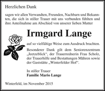 Traueranzeige von Irmgard Lange  von Magdeburger Volksstimme