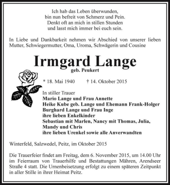 Traueranzeige von Irmgard Lange (geb. Peukert)  von Magdeburger Volksstimme