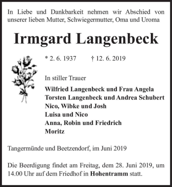 Traueranzeige von Irmgard Langenbeck  von Magdeburger Volksstimme