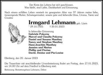 Traueranzeige von Irmgard Lehmann (geb. Lüers)  von Magdeburger Volksstimme