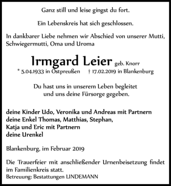 Traueranzeige von Irmgard Leier (geb. Knorr)  von Magdeburger Volksstimme