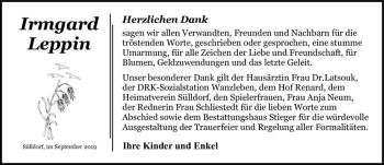 Traueranzeige von Irmgard Leppin  von Magdeburger Volksstimme