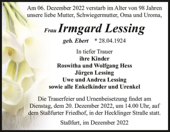 Traueranzeige von Irmgard Lessing (geb. Ebert)  von Magdeburger Volksstimme