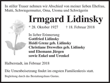 Traueranzeige von Irmgard Lidinsky  von Magdeburger Volksstimme