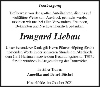 Traueranzeige von Irmgard Liebau  von Magdeburger Volksstimme