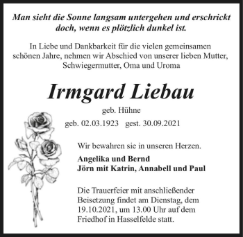 Traueranzeige von Irmgard Liebau (geb. Hühne)  von Magdeburger Volksstimme