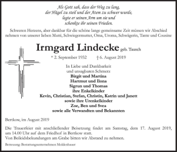 Traueranzeige von Irmgard Lindecke (geb. Tausch)  von Magdeburger Volksstimme
