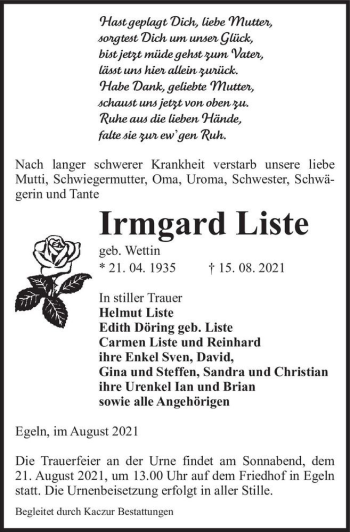 Traueranzeige von Irmgard Liste (geb. Wettin)  von Magdeburger Volksstimme