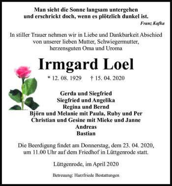 Traueranzeige von Irmgard Loel  von Magdeburger Volksstimme
