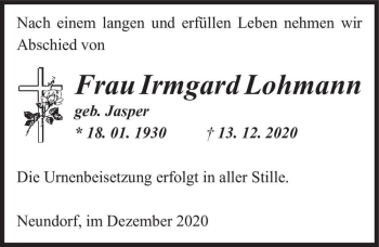 Traueranzeige von Irmgard Lohmann (geb. Jasper)  von Magdeburger Volksstimme