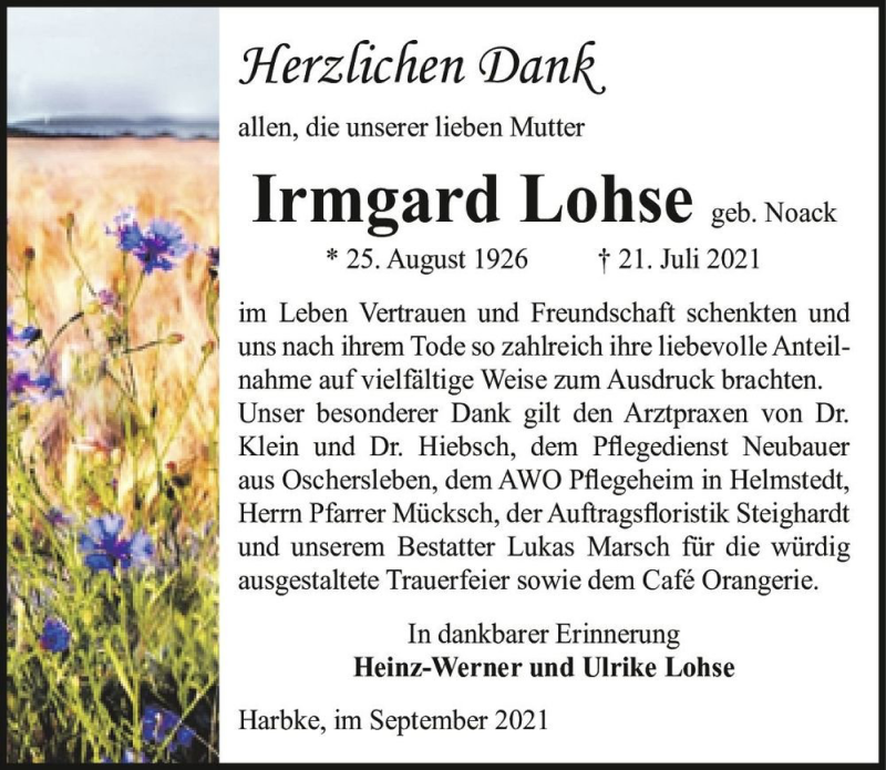  Traueranzeige für Irmgard Lohse (geb. Noack)  vom 04.09.2021 aus Magdeburger Volksstimme