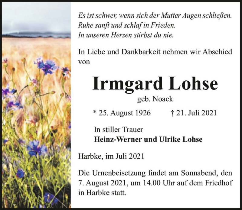  Traueranzeige für Irmgard Lohse (geb. Noack)  vom 24.07.2021 aus Magdeburger Volksstimme