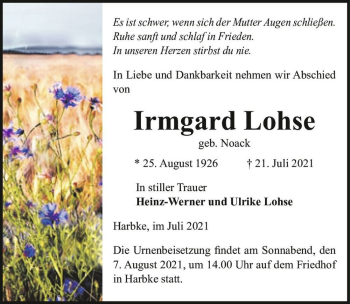 Traueranzeige von Irmgard Lohse (geb. Noack)  von Magdeburger Volksstimme