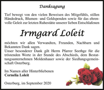 Traueranzeige von Irmgard Loleit  von Magdeburger Volksstimme