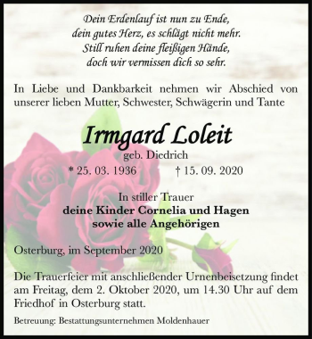 Traueranzeige von Irmgard Loleit (geb. Diedrich)  von Magdeburger Volksstimme