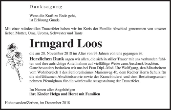 Traueranzeige von Irmgard Loos  von Magdeburger Volksstimme