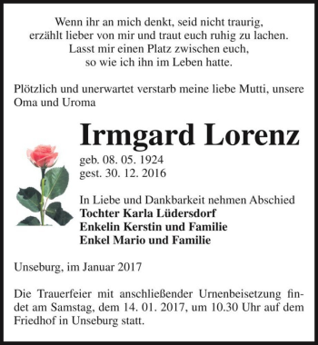 Traueranzeige von Irmgard Lorenz  von Magdeburger Volksstimme