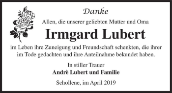 Traueranzeige von Irmgard Lubert  von Magdeburger Volksstimme