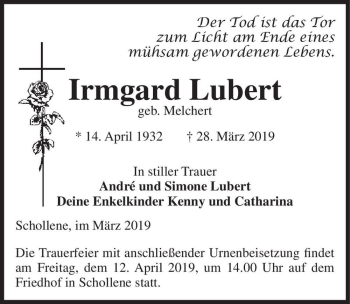 Traueranzeige von Irmgard Lubert (geb. Melchert)  von Magdeburger Volksstimme