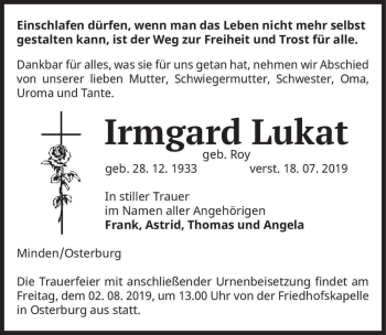 Traueranzeige von Irmgard Lukat  (geb. Roy)  von Magdeburger Volksstimme