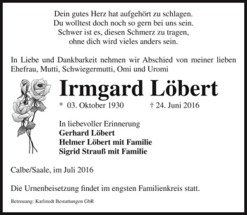 Traueranzeige von Irmgard Löbert  von Magdeburger Volksstimme