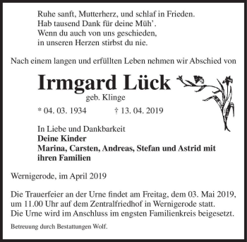 Traueranzeige von Irmgard Lück (geb. Klinge)  von Magdeburger Volksstimme