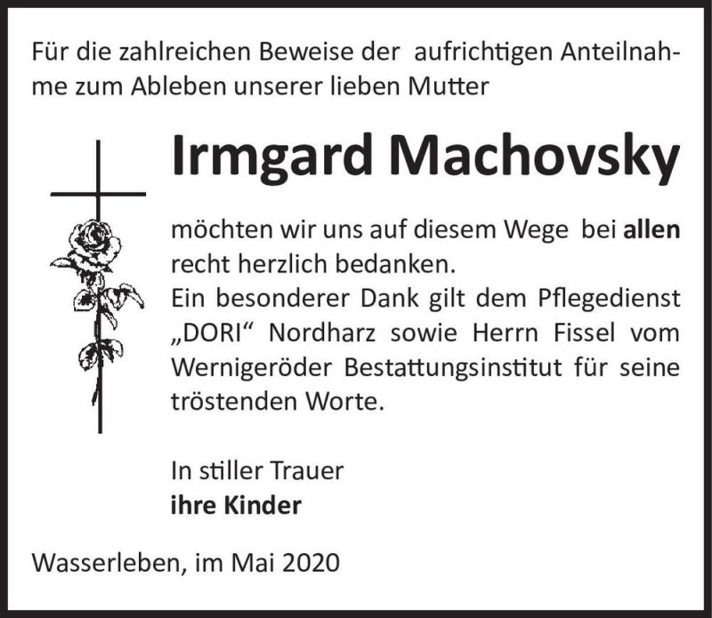  Traueranzeige für Irmgard Machovsky  vom 18.05.2020 aus Magdeburger Volksstimme