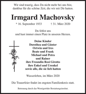Traueranzeige von Irmgard Machovsky  von Magdeburger Volksstimme