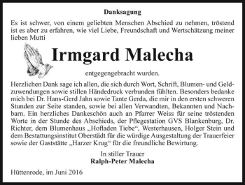 Traueranzeige von Irmgard Malecha  von Magdeburger Volksstimme