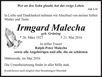Traueranzeige von Irmgard Malecha (geb. Grüning)  von Magdeburger Volksstimme