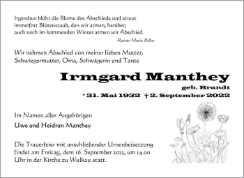 Traueranzeige von Irmgard Manthey (geb. Brandt)  von Magdeburger Volksstimme