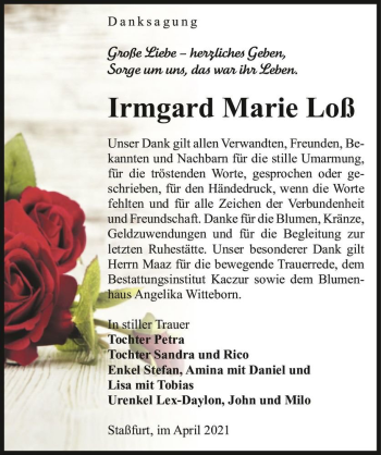 Traueranzeige von Irmgard Marie Loß  von Magdeburger Volksstimme