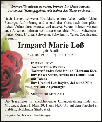 Traueranzeige von Irmgard Marie Loß (geb. Baudis)  von Magdeburger Volksstimme