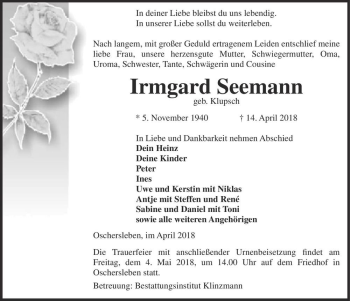 Traueranzeige von Irmgard Marie Seemann (geb. Klupsch)  von Magdeburger Volksstimme