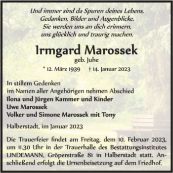 Traueranzeige von Irmgard Marossek (geb. Juhe)  von Magdeburger Volksstimme